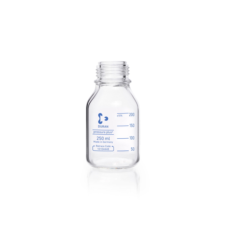 Pressure plus labofles 250ml transparant glas zonder stop, coated version, gegradueerd, Duran