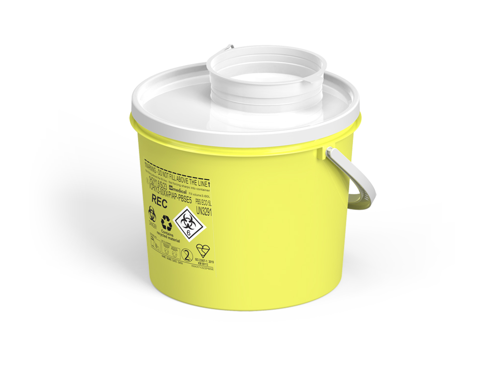 Sharps Container PBS Line, round, yellow/white,  5 liter, Ø 21,4cm x 19,5cm height, eco recycled, AP Medical