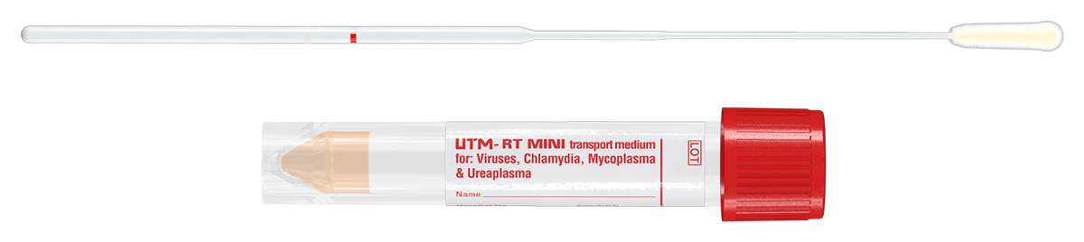 Mini tube 80x16mm + UTM 1ml medium +  flocked swab nasopharynx flexible, dégradable à 100mm, stérile individuel, Copan