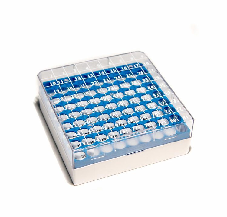 CryoGen box in pc for 81 1,2/2ml tubes 132x132mm, blue grid + writing area Biosigma