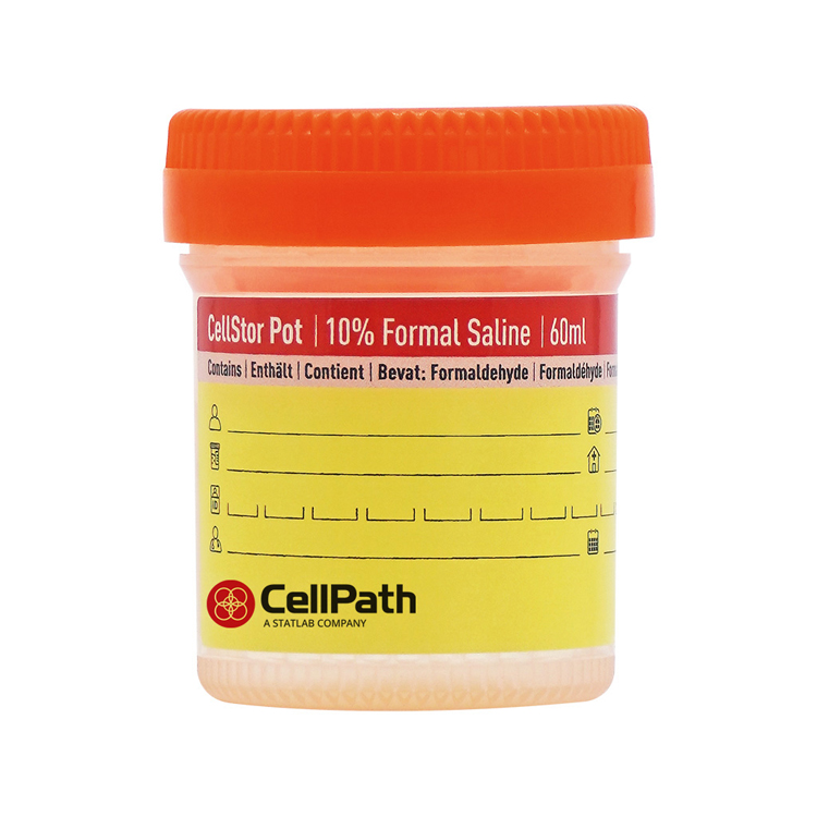 Cellstor pot 60ml avec 40ml 10% de solution saline, plateau/25 pcs, Cellpath