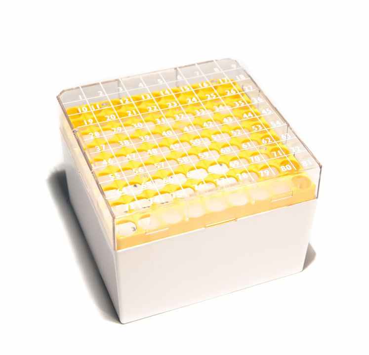 CryoGen box in pc for 81 tubes (internal/external), 132x132mm, yellow grid Biosigma