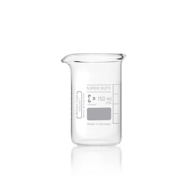 Beaker Super Duty 150ml, with reinforced rim, tall form with spout Duran