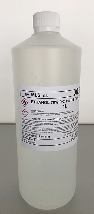 1L Ethanol 70%, met 2.1% Diethylether, plastiek recipient