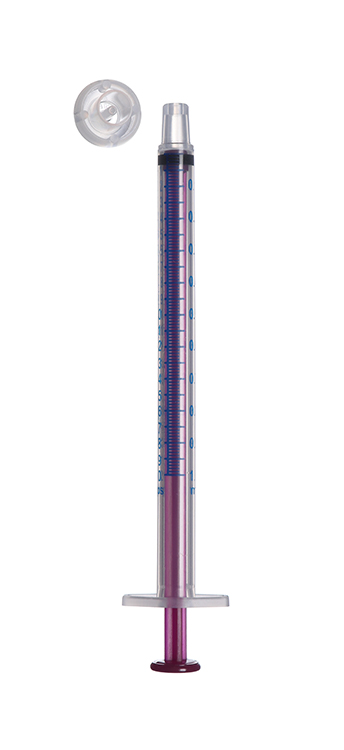 Sol-M orale syringe 1ml, with purple plunger and tip cap, Sol Millennium