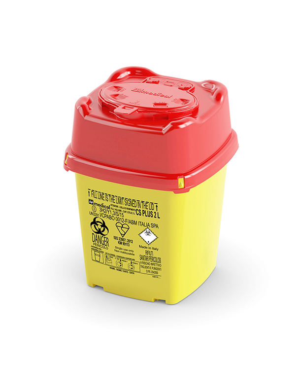 Sharps Container CS Flap Line, carré, jaune/rouge, 2 liter, avec valve de rétraction, 11x15x20cm largeur, AP Medical