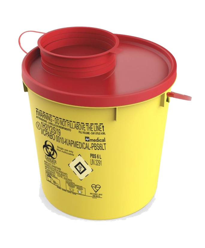 Sharps Container PBS Line, round, yellow/red,  6 liter, Ø 21,4cm x 24cm height, AP Medical