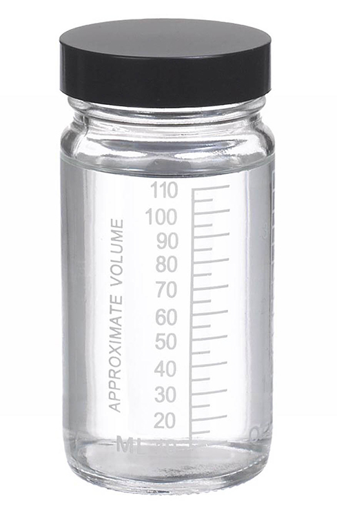 Volumetric graduaded jar in glass, 125ml, 51x104mm, black rubber lined cap 48-400, Wheaton