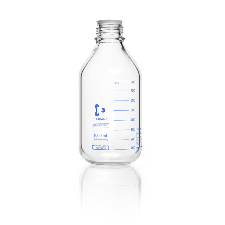 Pressure plus laboratory bottle 1000ml transparant glass without screw cap, coated + graduated, Duran