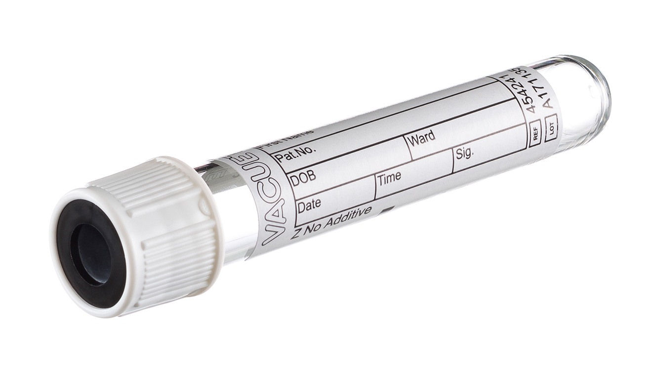 Vacuette tube 3ml, 75x13mm, bouchon à pression blanc avec anneau noir, sans additif, Greiner