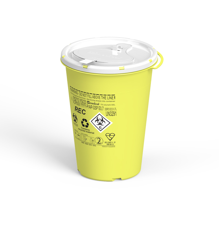 Sharps Container Line Dispo, round, yellow/white, 0,7 liter, diam. 11cm x 14,3cm height, eco recycled, AP Medical