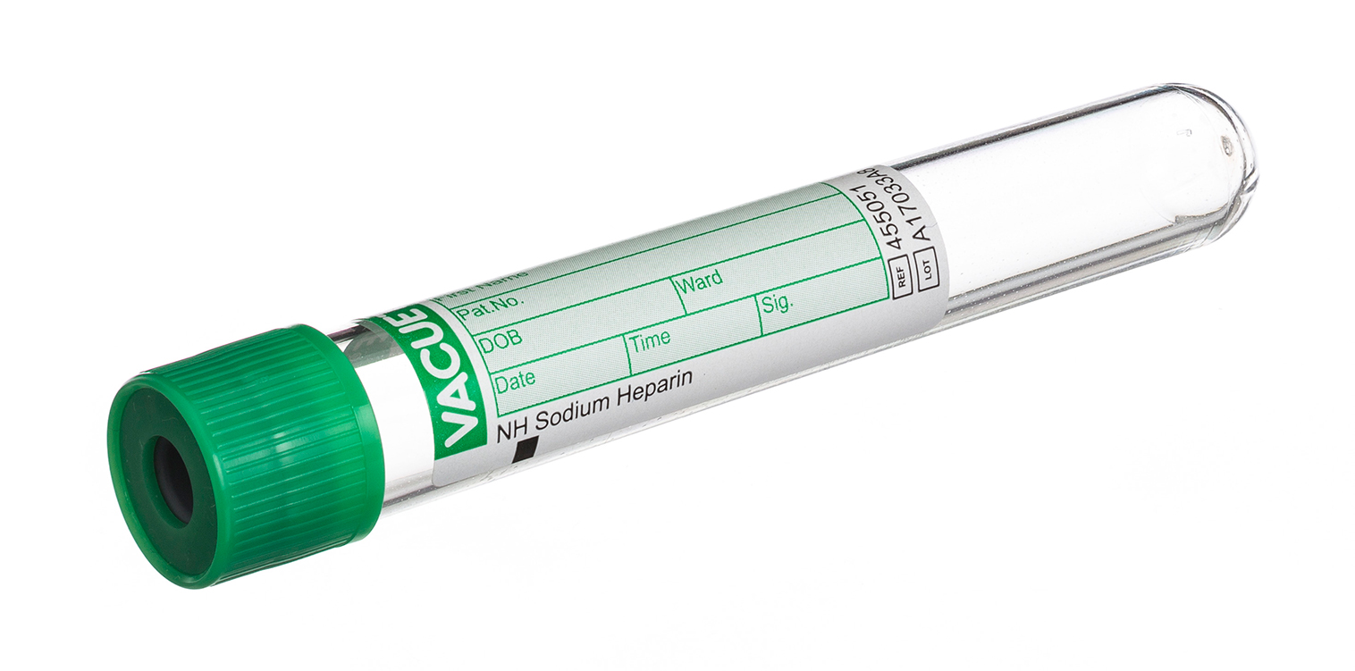 Vacuette tube 9ml, 100x16mm, sodium heparin, green pressure cap with black ring, Greiner