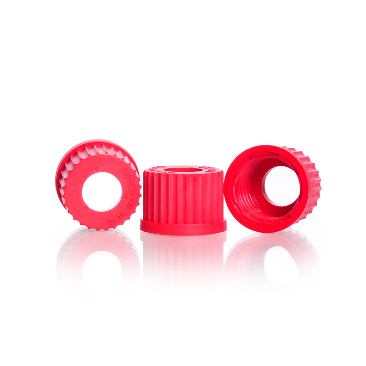 Screw cap in PBT with opening for tubing, GL 25, red, Duran