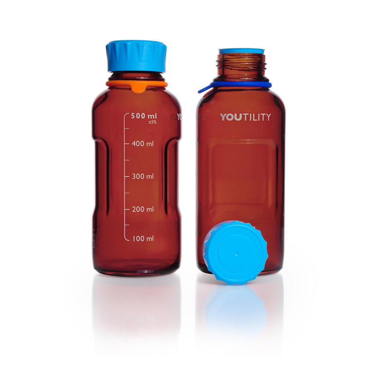 Duran YOUTILITY flacon 500ml GL45, ambre, avec bouchon à vis, bague de déversement et bottle tag