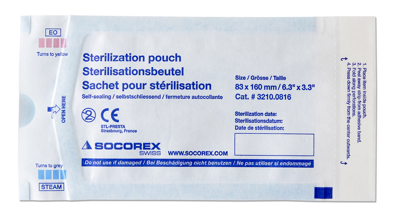 Sterilisation pouch peel off with indicator,  8,3x16cm, with protection strip, Socorex