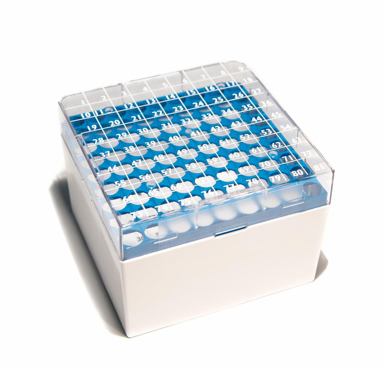 CryoGen doos in pc voor 81 buisjes (intern/extern), 132x132mm, blauw raster Biosigma