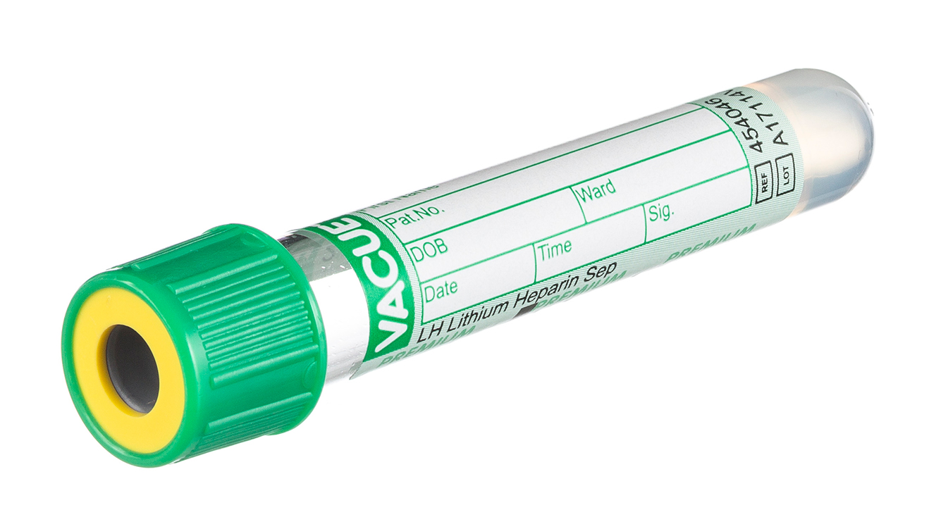 Vacuette tube 2.5ml, 75x13mm, lithium heparin, gel, pediatric draw, green screw cap, paper label, Greiner