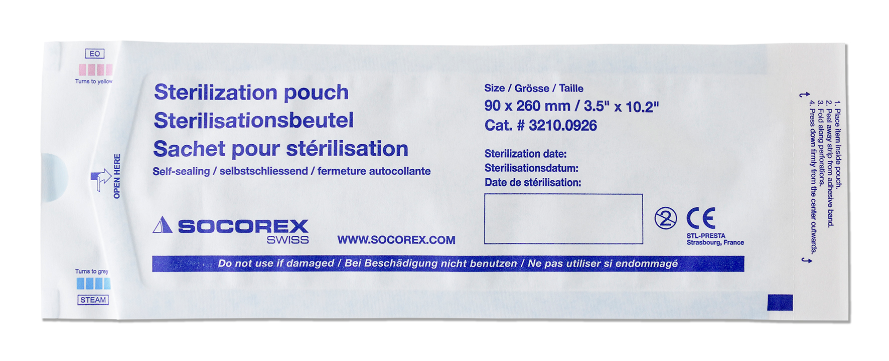 Sterilisation pouch peel off with indicator,  9x26cm, with protection strip, Socorex