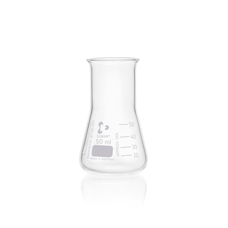 Fiole erlenmeyer à col large avec graduation 50ml Duran