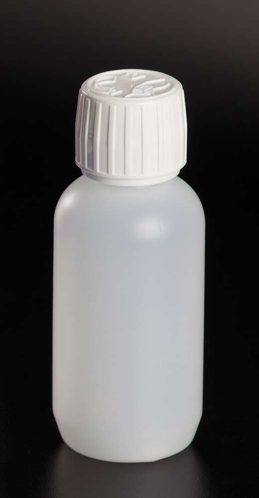 Flesje HDPE, 125ml, naturel, met witte druk-schroefdop, security cap, hoogte 115mm, Deltalab