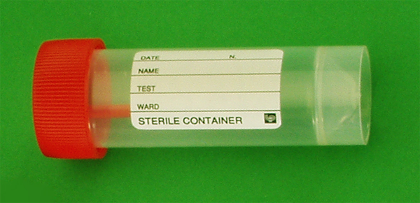 Faeces container 25ml, 25 x 80mm, PP, gamma irradiated, with spoon, label and red screw cap, LP