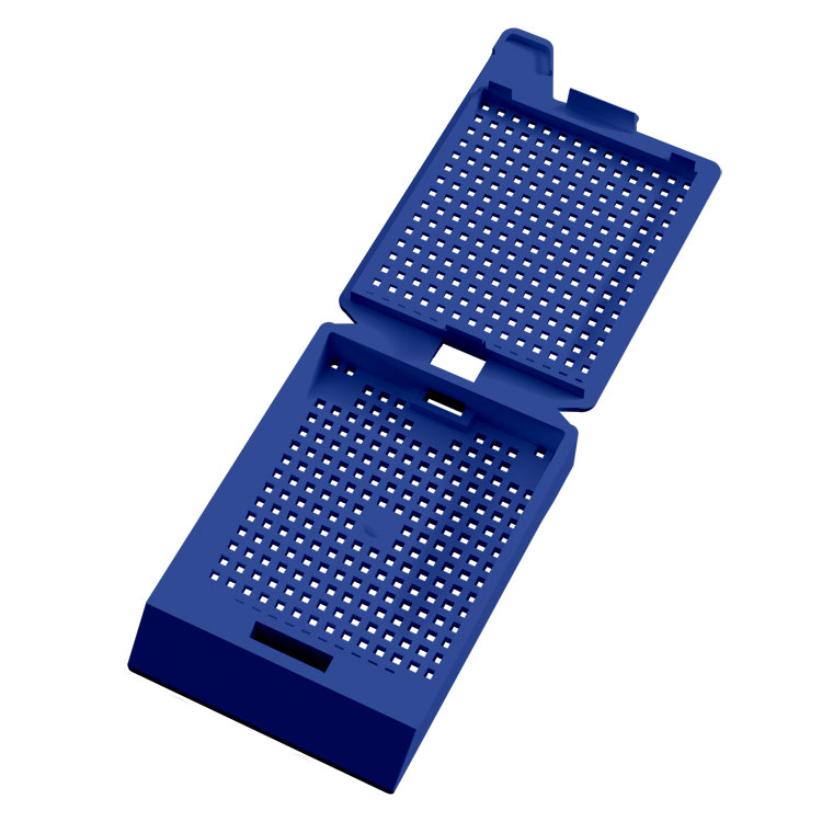 System III Biopsy cassette, with hinged lid, preloaded, dark blue, Cellpath, for Leica/Sakura printer