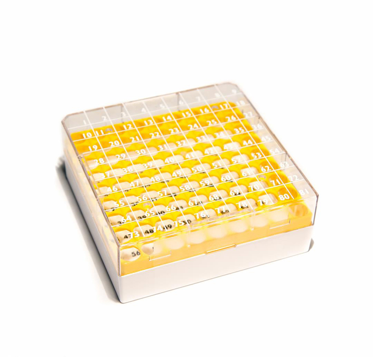 CryoGen box in pc for 81 1,2/2ml tubes 132x132mm, yellow grid + writing area Biosigma