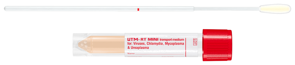 UTM mini tube 80x16mm,  3ml + regular flocked swab, red cap, Copan