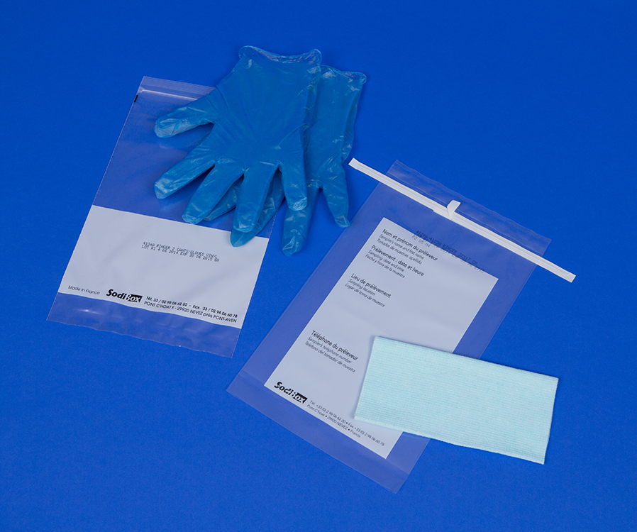 Chiffon 32x17cm, with 10ml peptone, in twirl bag with 2 gloves, sterile Sodibox