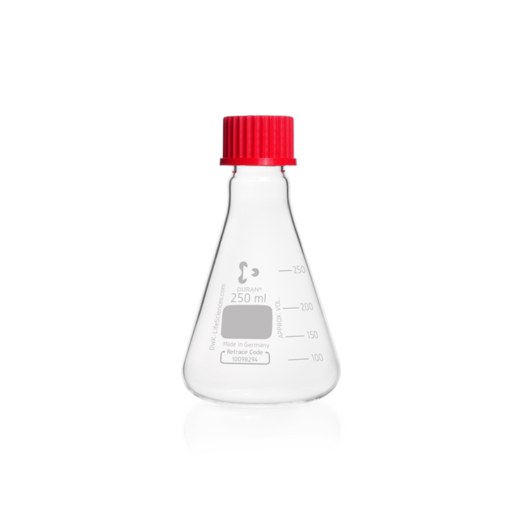 Fiole Erlenmeyer 250 ml avec graduation, col étroit, fond fin, GL 32 + capuchon à vis PBT, diamètre 85mm, hauteur 149mm, Duran