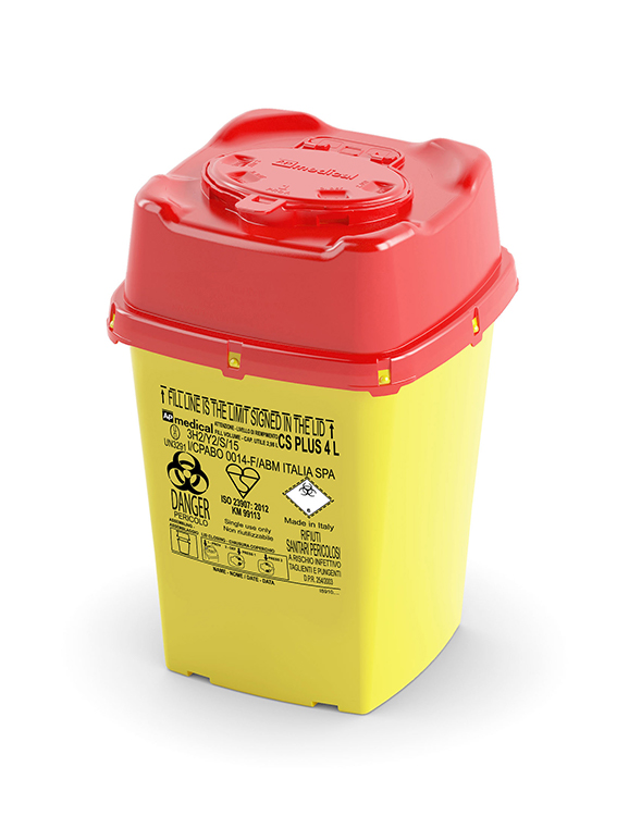 Sharps Container CS Flap Line, carré, jaune/rouge, 4 liter, avec valve de rétraction, 11,8x16,7x24,7cm largeur, AP Medical