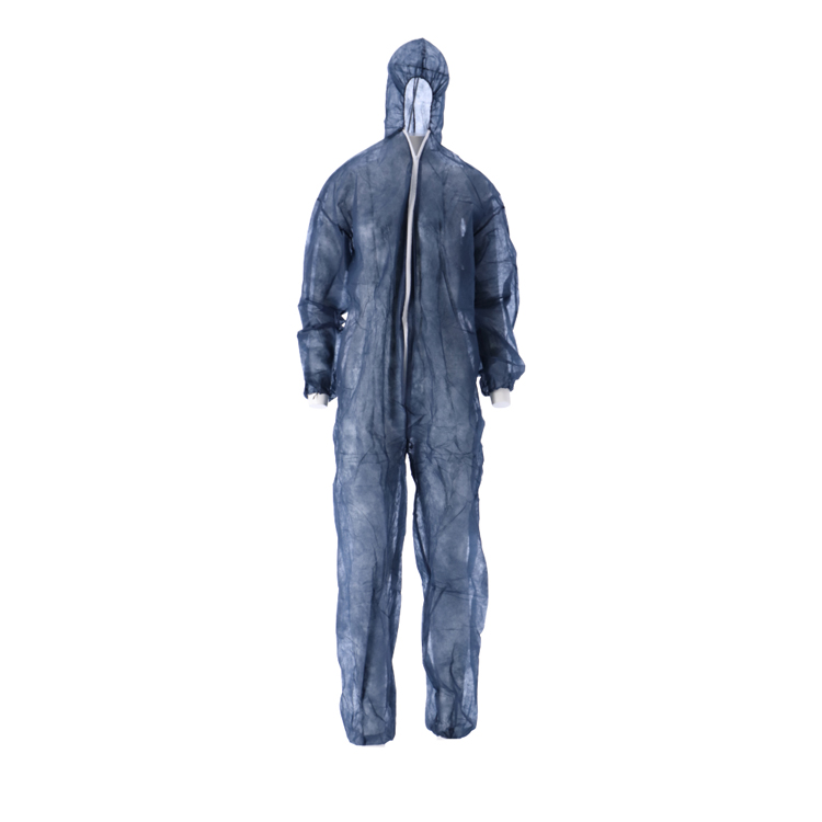 CMT pp non woven overall with hood, blue, large, light weight, zipper