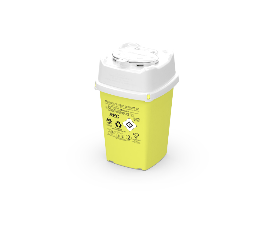 Sharps Container CS Plus Line, square, yellow/white, 3 liter, 15,1 x 15,1 x 23,7cm, eco recycled, AP Medical