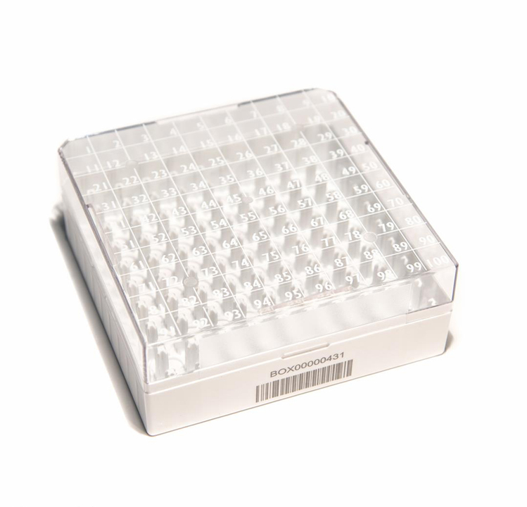 CryoGen 1D barcode box in pc voor 100 1,2/2ml buisjes, 132x132mm, wit Biosigma