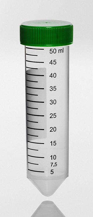 Buis 115x30mm, 50ml, conisch, plp, schrijfvlak, schroefstop groen, graduatie, steriel R, 20.000G