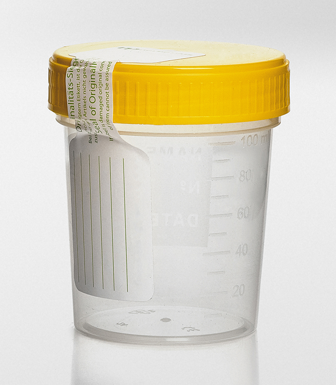 125ml beaker, plp, with yellow screwcap and sealing label on screwcap/beaker, with writing zone, graduated, sterile