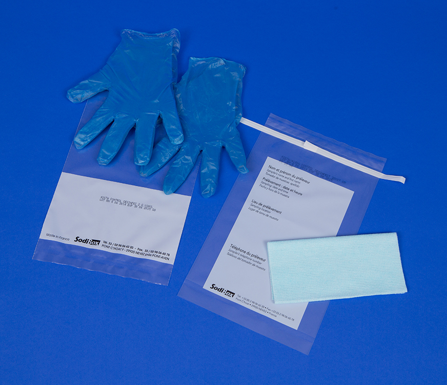 Chiffon 32x17cm, with 10ml of buffered peptone 10%, in twirl bag with 2 gloves, sterile Sodibox