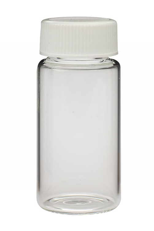 Scintillation vial 20ml, helder glas, witte polyethyleen foamed schroefdop 22-400, diam.28mm x 61mm hoog, Wheaton