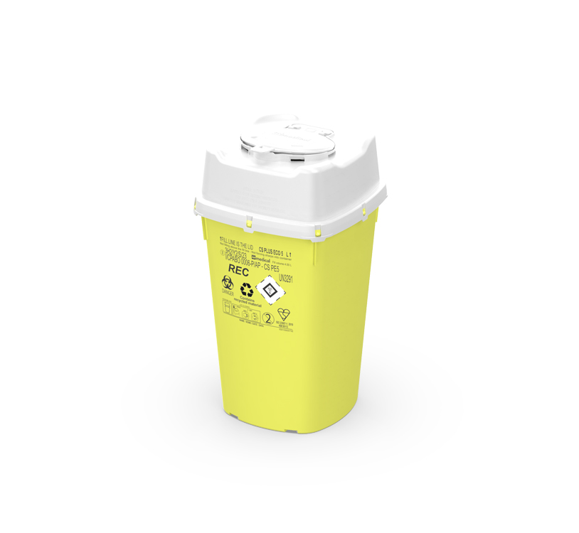 Sharps Container CS Line, square, yellow/white, 5 liter, 21,5 x 21,5 x 18,5cm, eco recycled, AP Medical