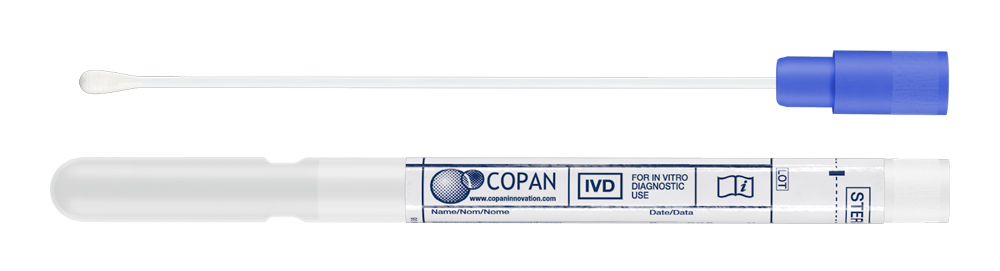 Swab Stuart clear, plastic applicator, blue cap, Copan