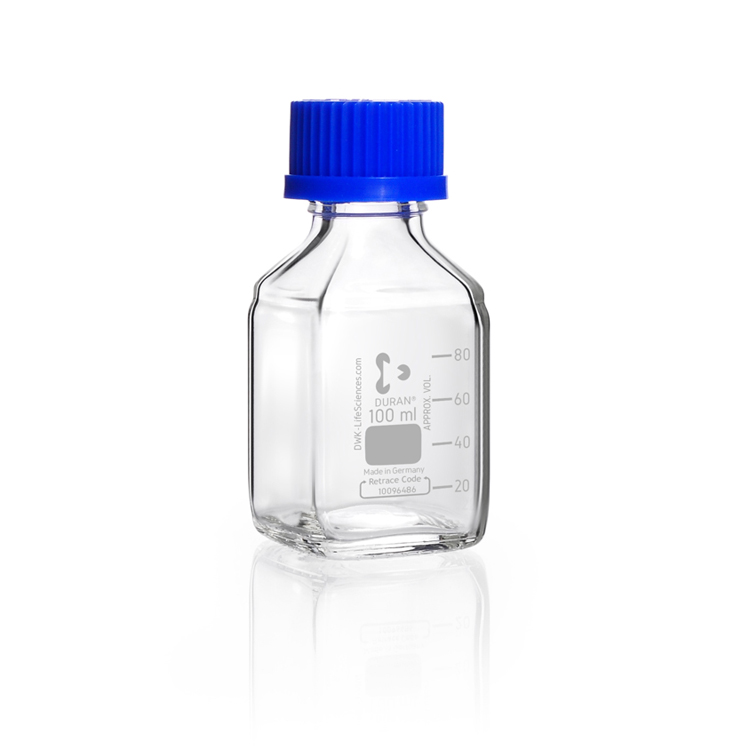 Laboratory bottle square 100ml, GL 32, with pouring ring + screw cap, with graduation, Duran