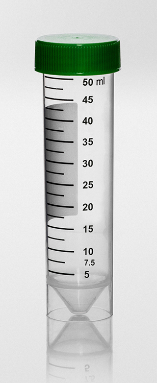 Buis 115x30mm, 50 ml, conisch, plp, rokje, schrijfvlak, schroefstop groen, aseptisch, 7000G