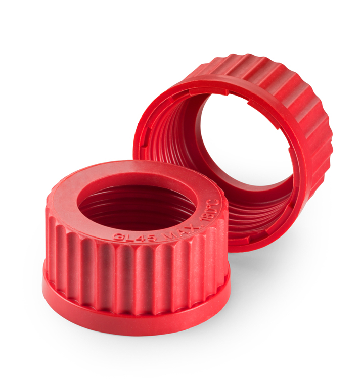 Screw cap in PBT with opening for tubing, GL 45, red, Duran