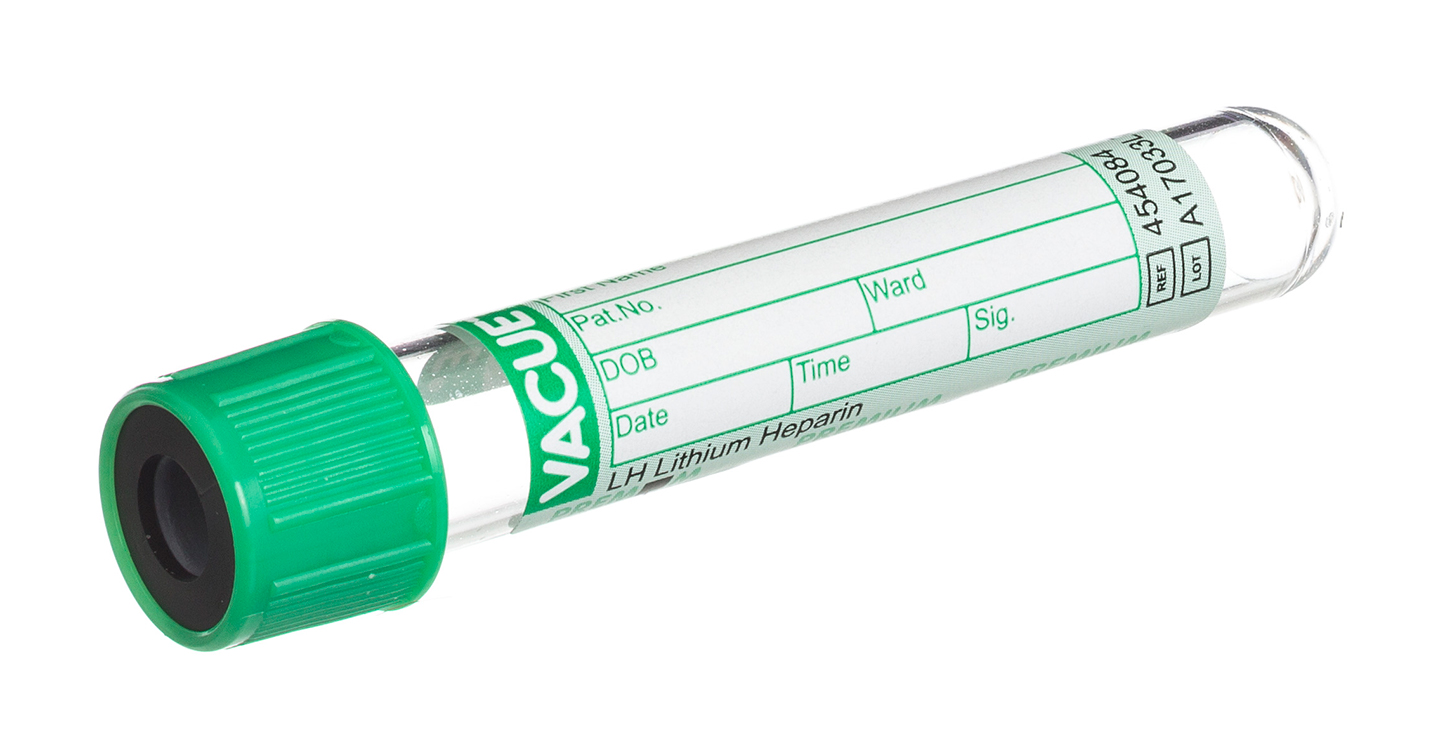 Vacuette tube 4ml, 75x13mm, héparine de lithium, bouchon à vis vert, étiquette en papier, Greiner