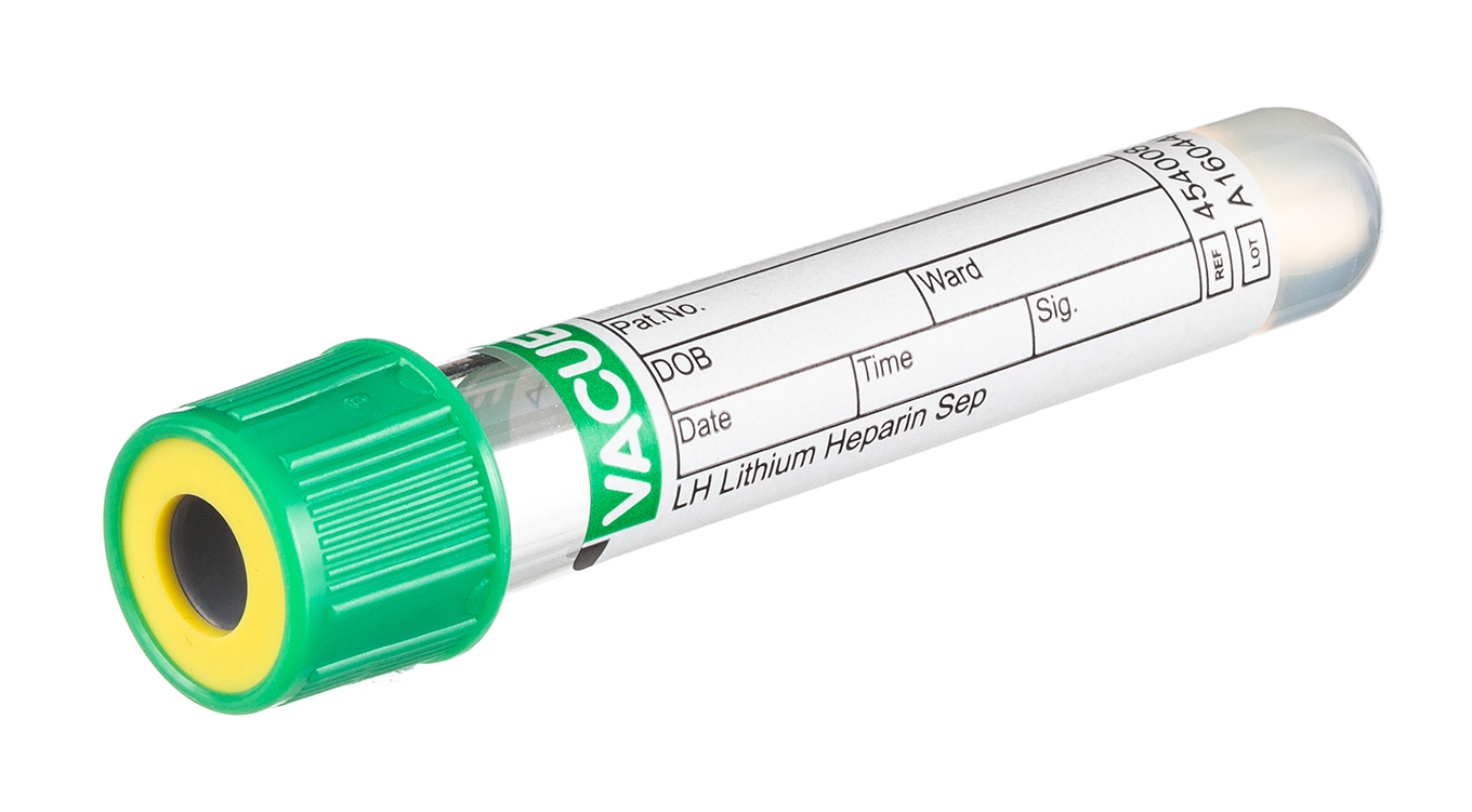 Vacuette tube 3,5ml, 75x13mm, lithium heparin + separator gel, green pressure cap with yellow ring, Greiner