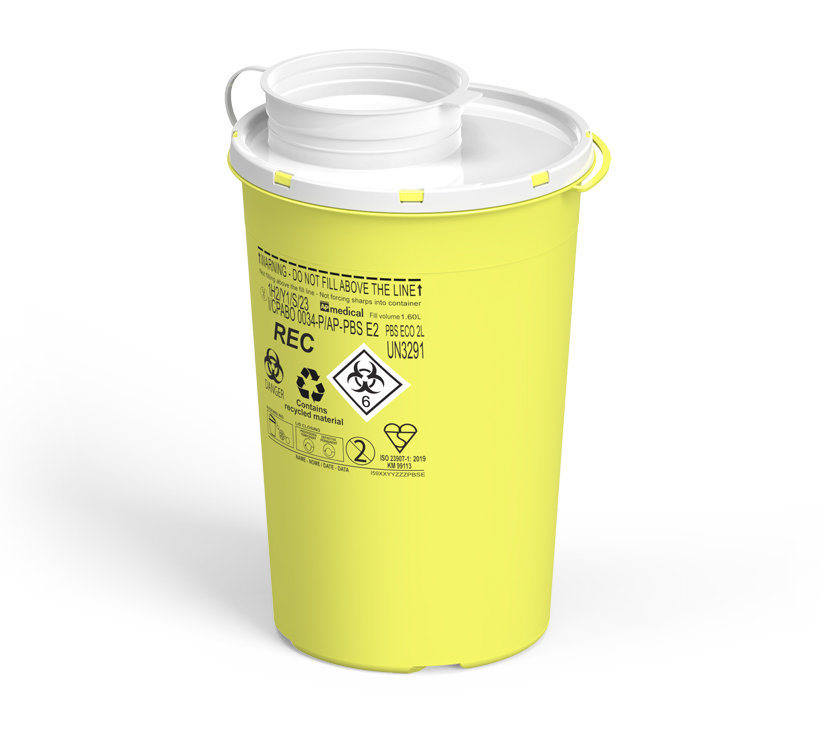 Sharps Container PBS Line, round, yellow/white,  2 liter, Ø 14cm x 21cm height, eco recycled, AP Medical