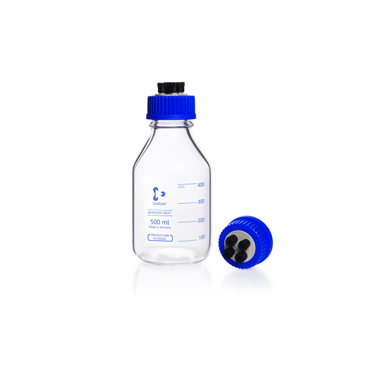 Laboratory glass bottle GL45, HPLC, pressure resistant, with screw cap (4 ports, PP) and seals, 500 ml Duran