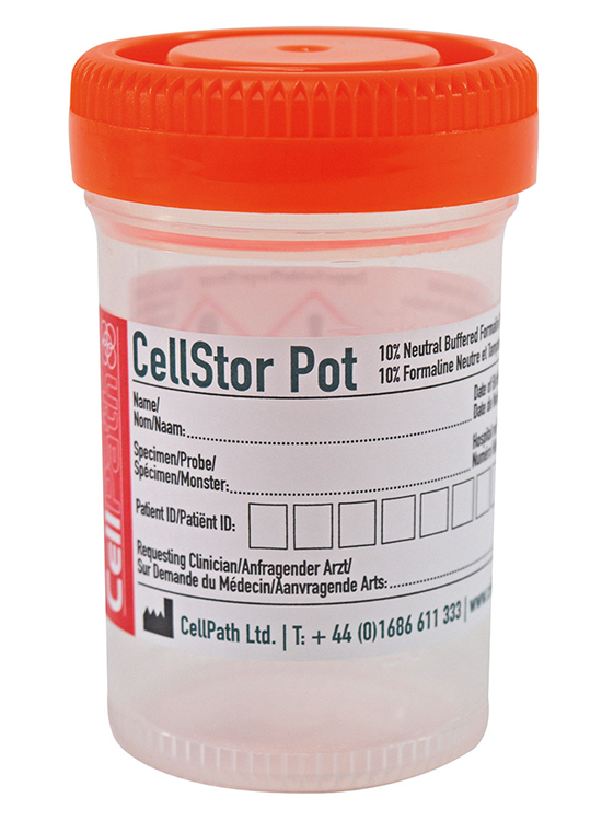 Cellstor pot 120ml met 90ml 10% gebufferde formaline, tray van 20, Cellpath