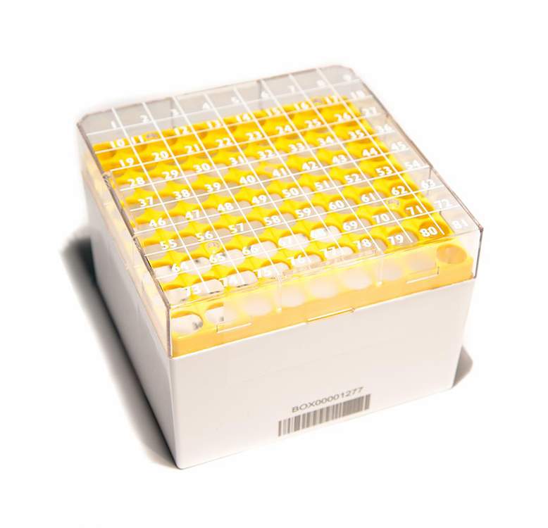 CryoGen 1D barcode box in pc for 81 tubes (internal/external), 132x132mm, yellow Biosigma