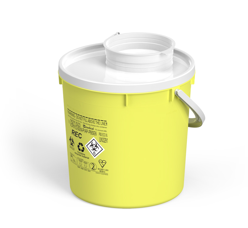 Sharps Container PBS Line, round, yellow/white,  6 liter, Ø 21,4cm x 23,3cm height, eco recycled, AP Medical